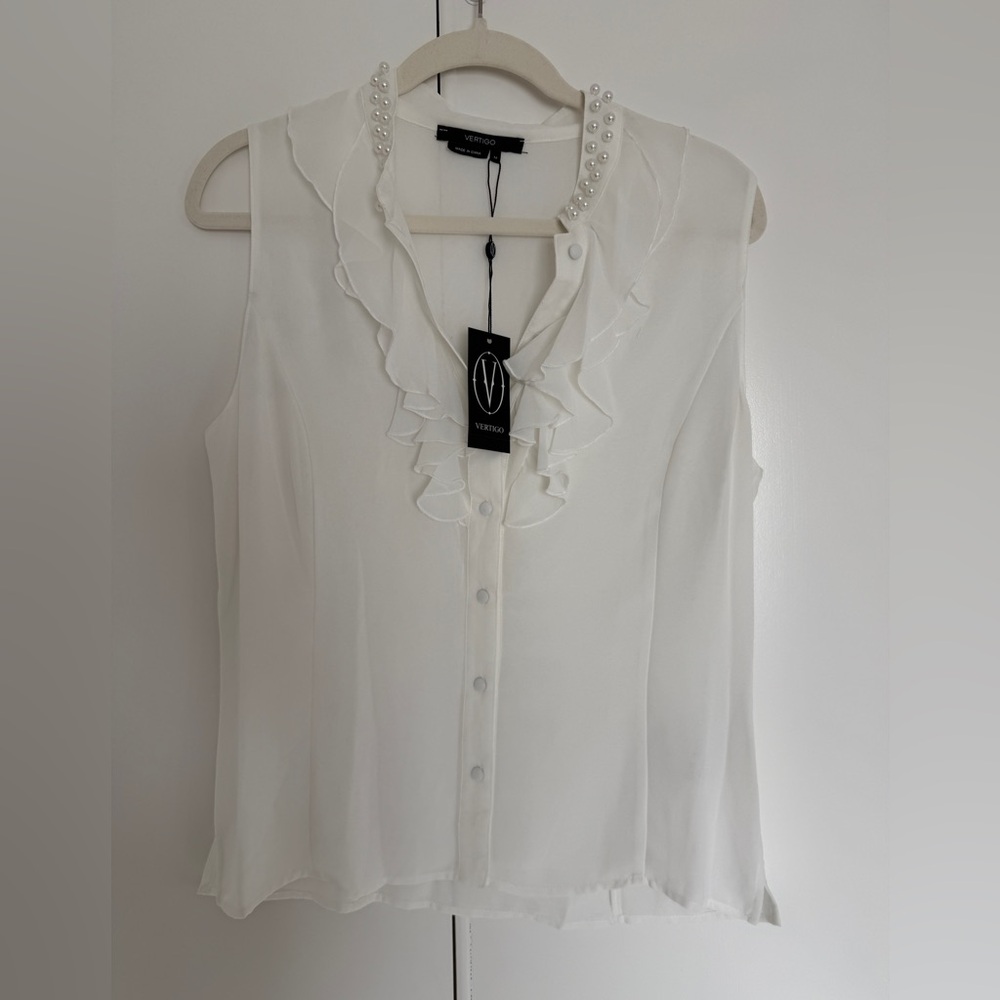Vertigo Beaded Ruffle Sleeveless Blouse NWT